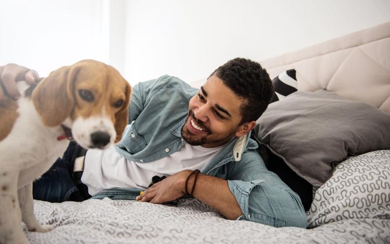 man smiles and pets his dog on a bed