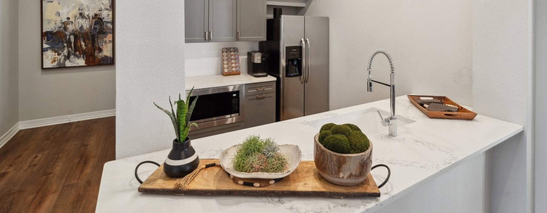 a kitchen with serving counter